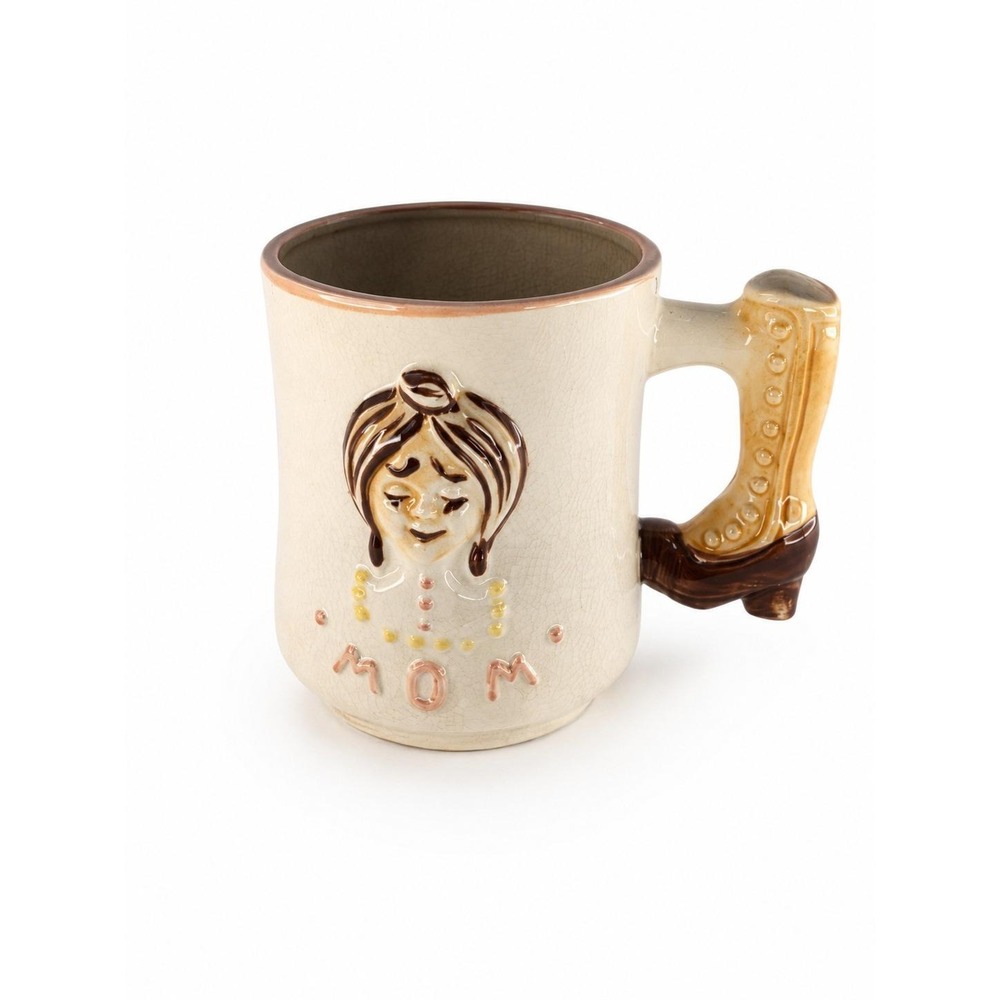 Vintage MOM Ceramic Coffee Mug Figural Boot Handle Crackle Glaze Mother's Day